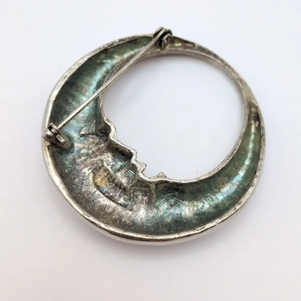 VTG Whimsigoth Crescent Moon Face Celestial Silver Tone Round Brooch Pin 1.95in